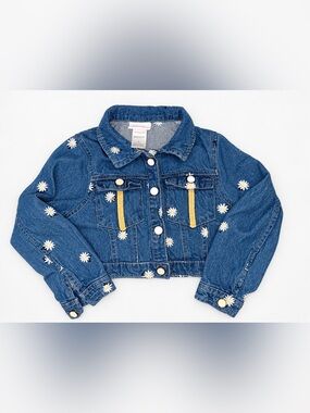 Girls Size 5 Daisy Embroidered Denim Jacket Blue Cropped Floral Snap Button